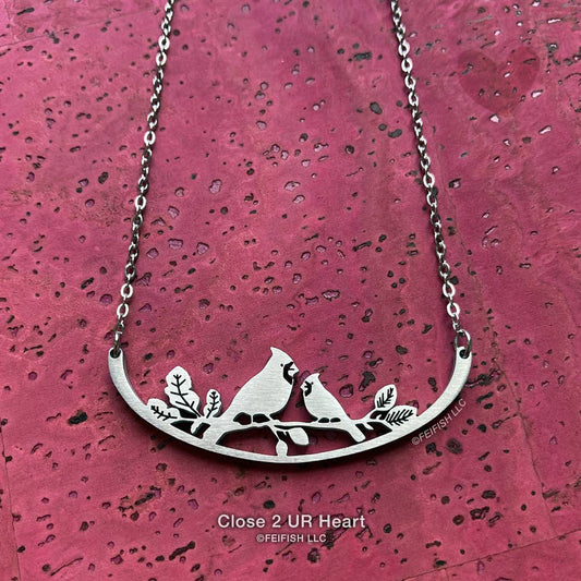 Cardinals on Branch Stainless Steel Necklace