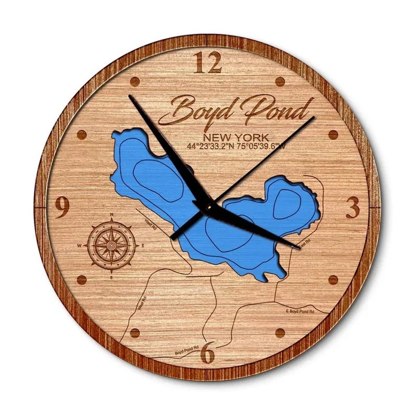 Boyd Pond in Russel, New York 14in Layered Map Clock